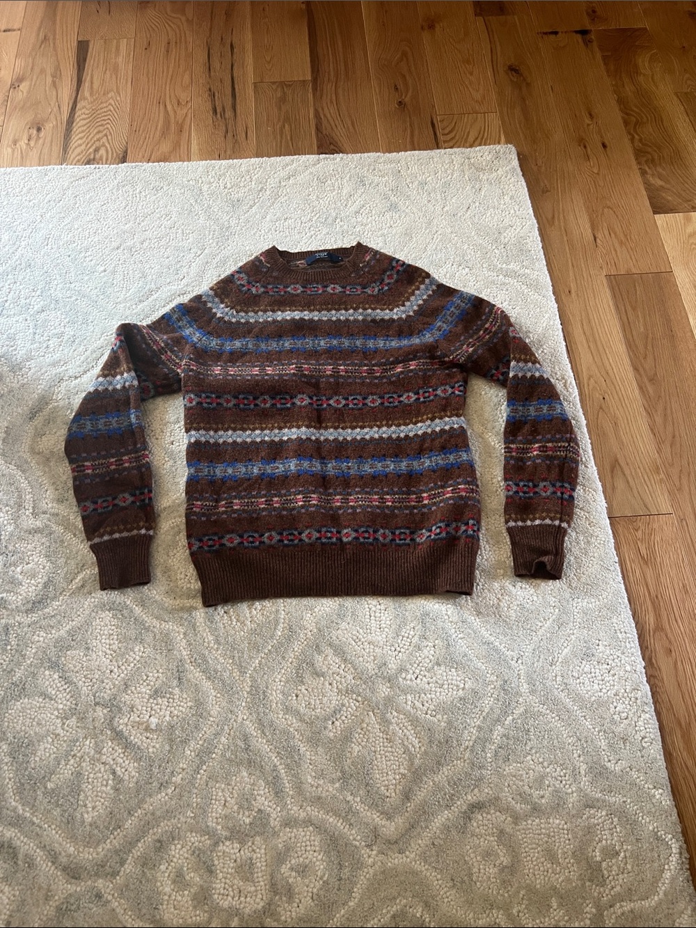 J. Crew Brown Fair Isle Crewneck Sweater with Blue and Cream Accents M